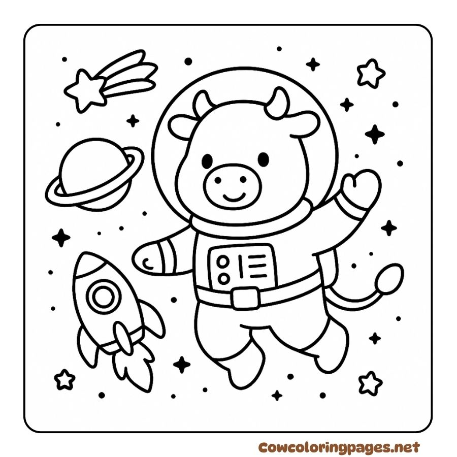 Cute cow wearing astronaut suit in space coloring page