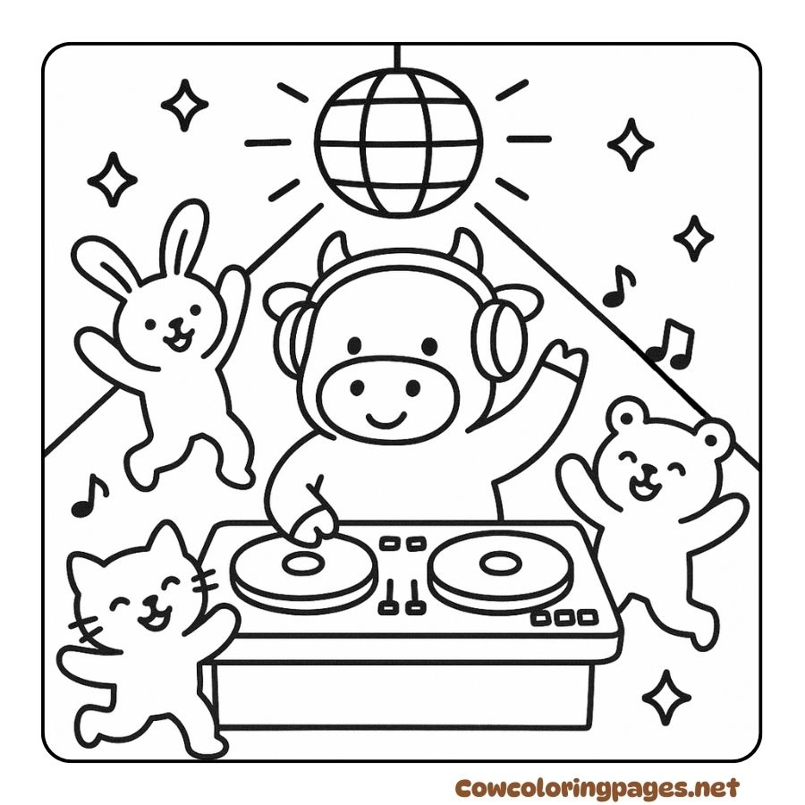 DJ cow playing music with rabbit, cat, bear in fun coloring page