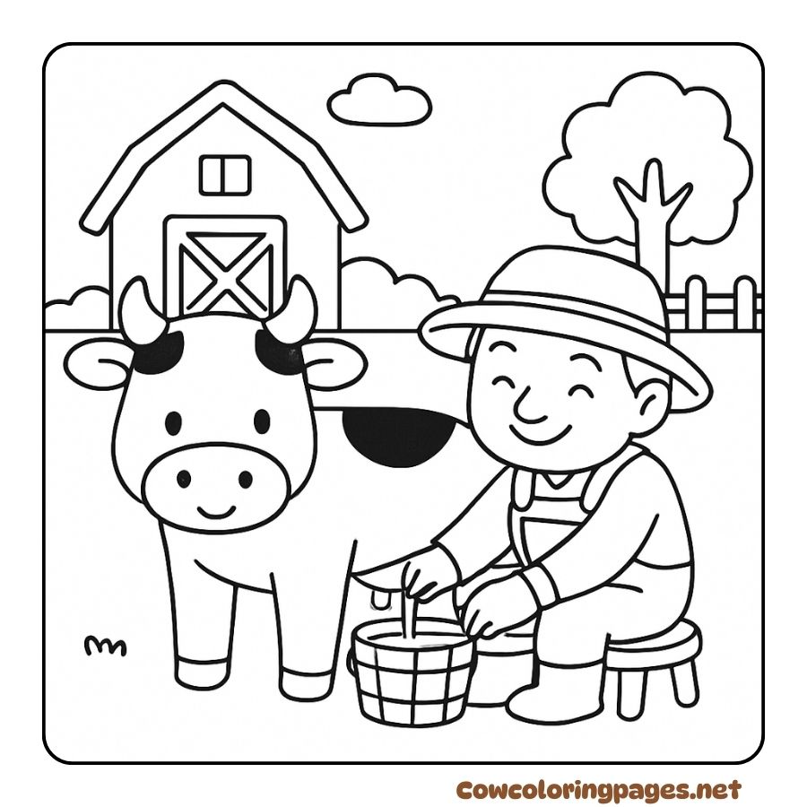 Coloring page of a little farmer milking a cow in the barn