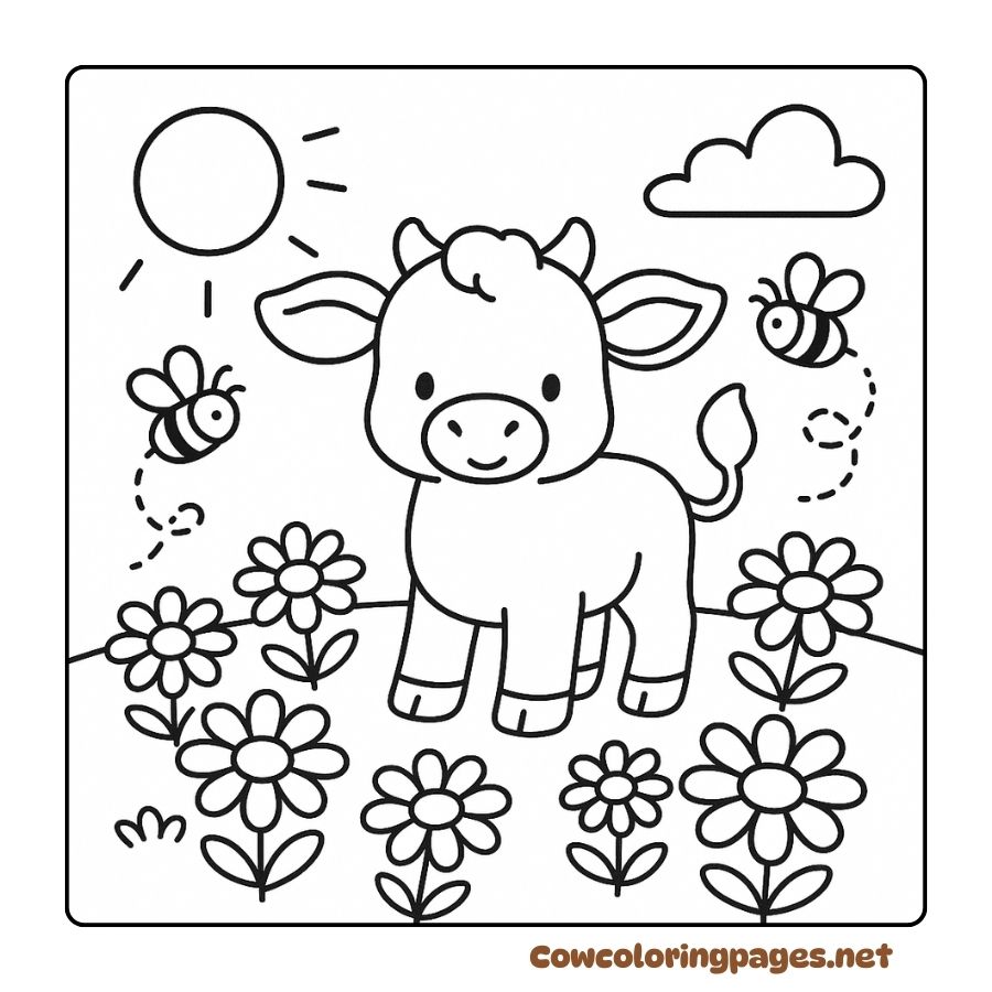 Coloring pages of a baby cow playing with bees in a flower garden