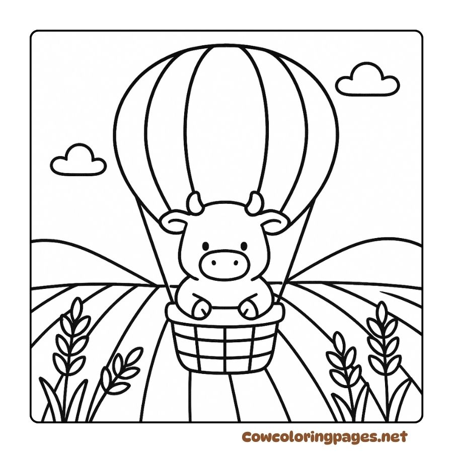Coloring pages of a baby cow riding a hot air balloon over the fields