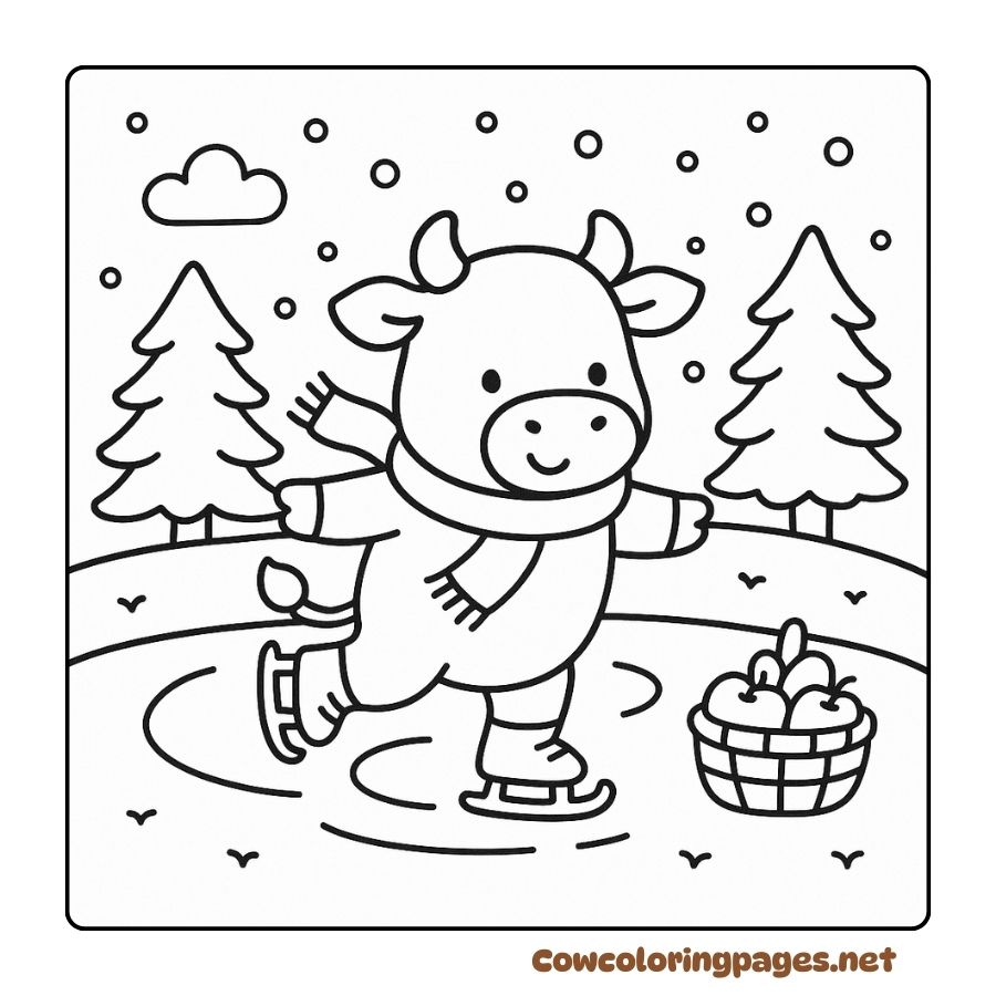 Coloring of a baby cow wearing a cape skating