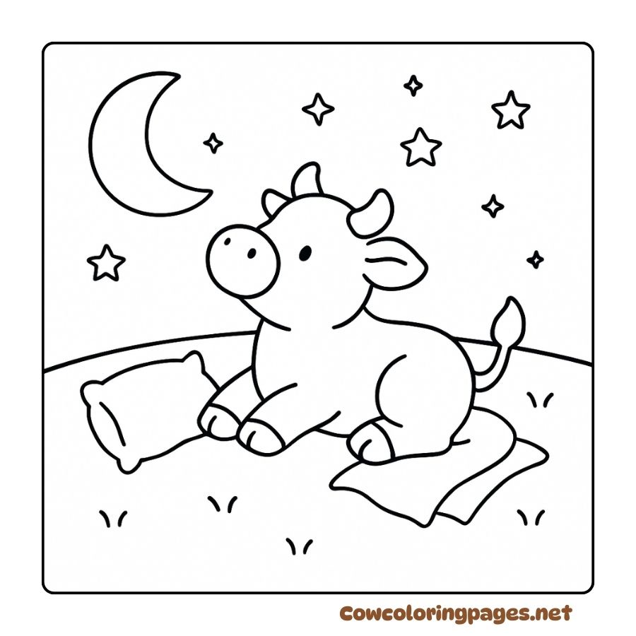 Coloring pages of a baby cow lying down watching the moon and stars at night