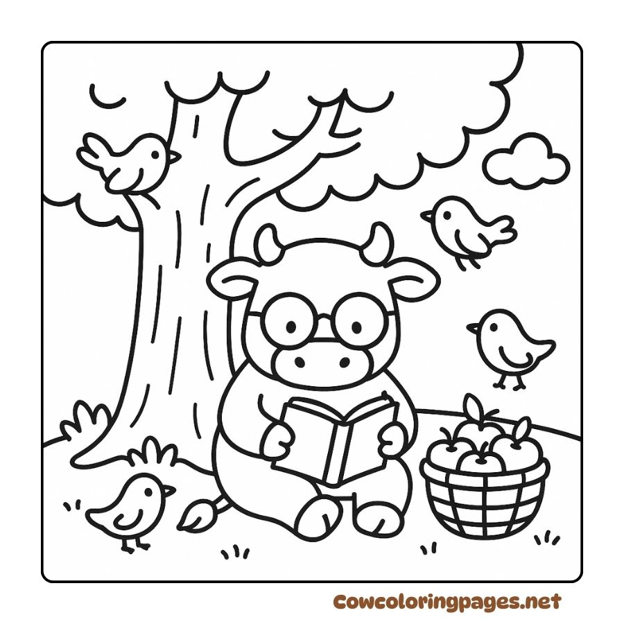 Coloring of a cow wearing reading glasses under a tree