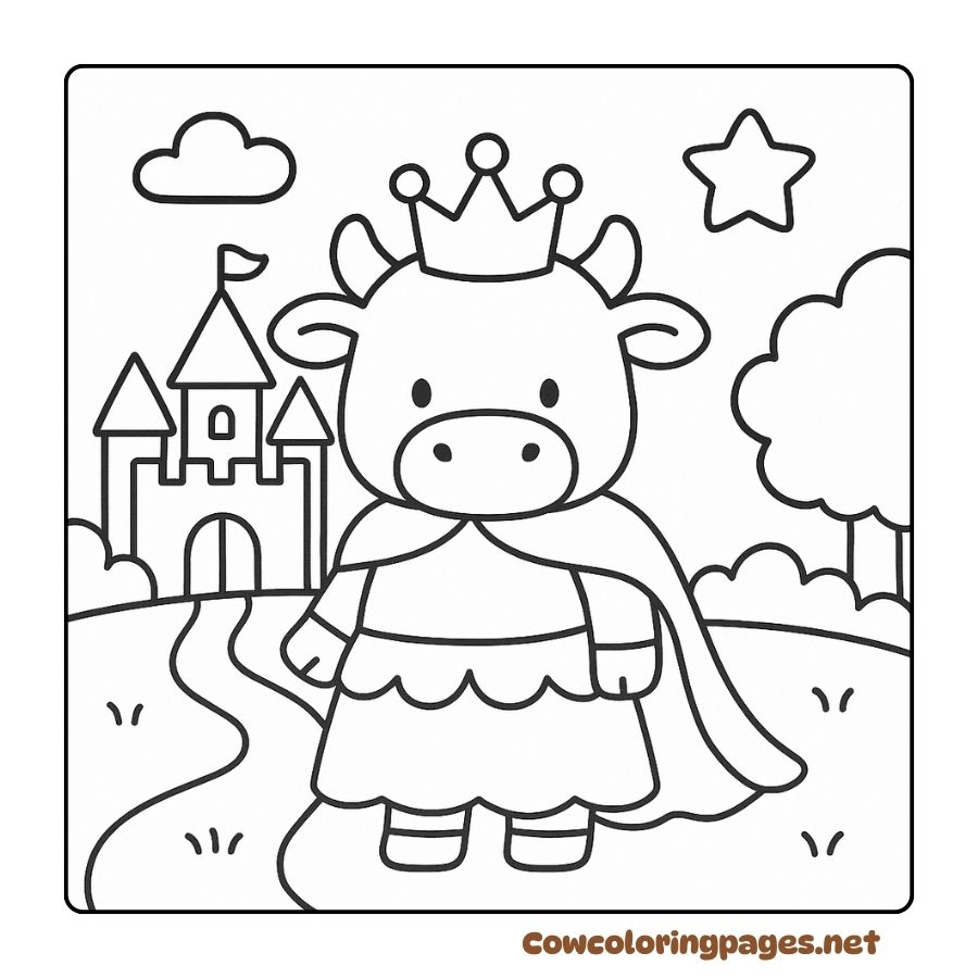 Coloring pages of a cow princess standing in front of a castle