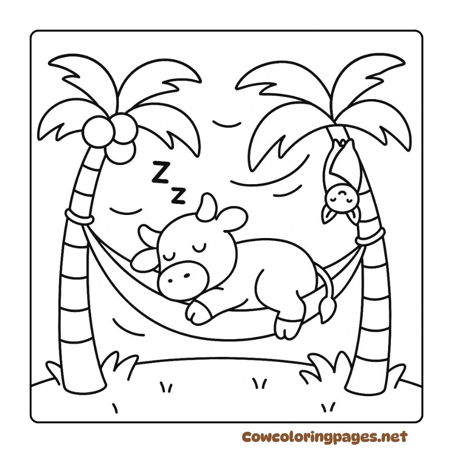 Coloring of a baby cow lying in a hammock sleeping under a row of coconut trees