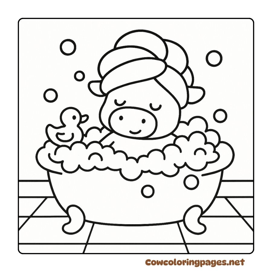 Coloring pages of a baby cow bathing in a bathtub with a towel wrapped around its head