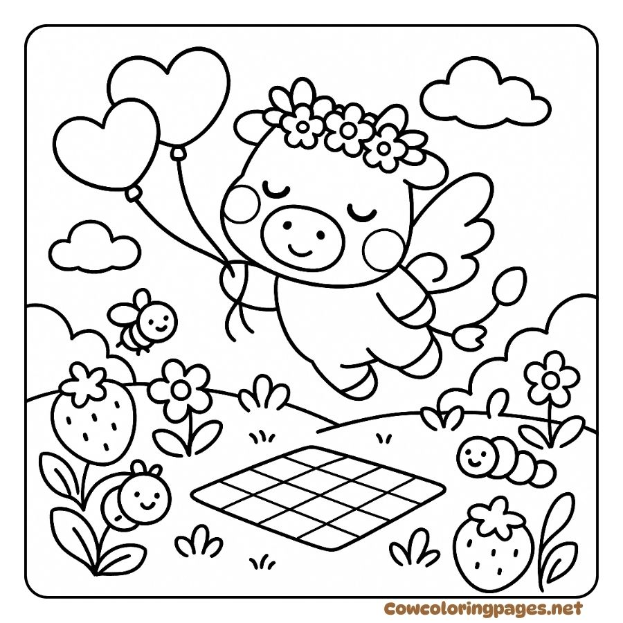 Flying Angel Cow Coloring Page with Flowers and Heart Balloons