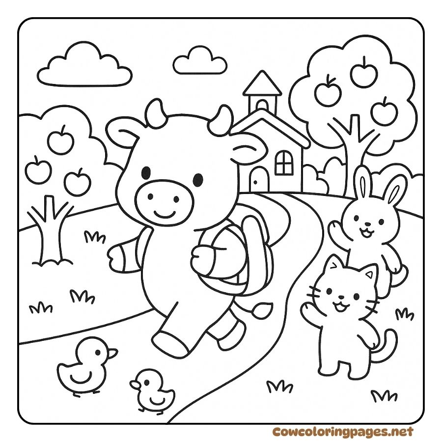 Baby Cow Going to School with a Rabbit Coloring Page