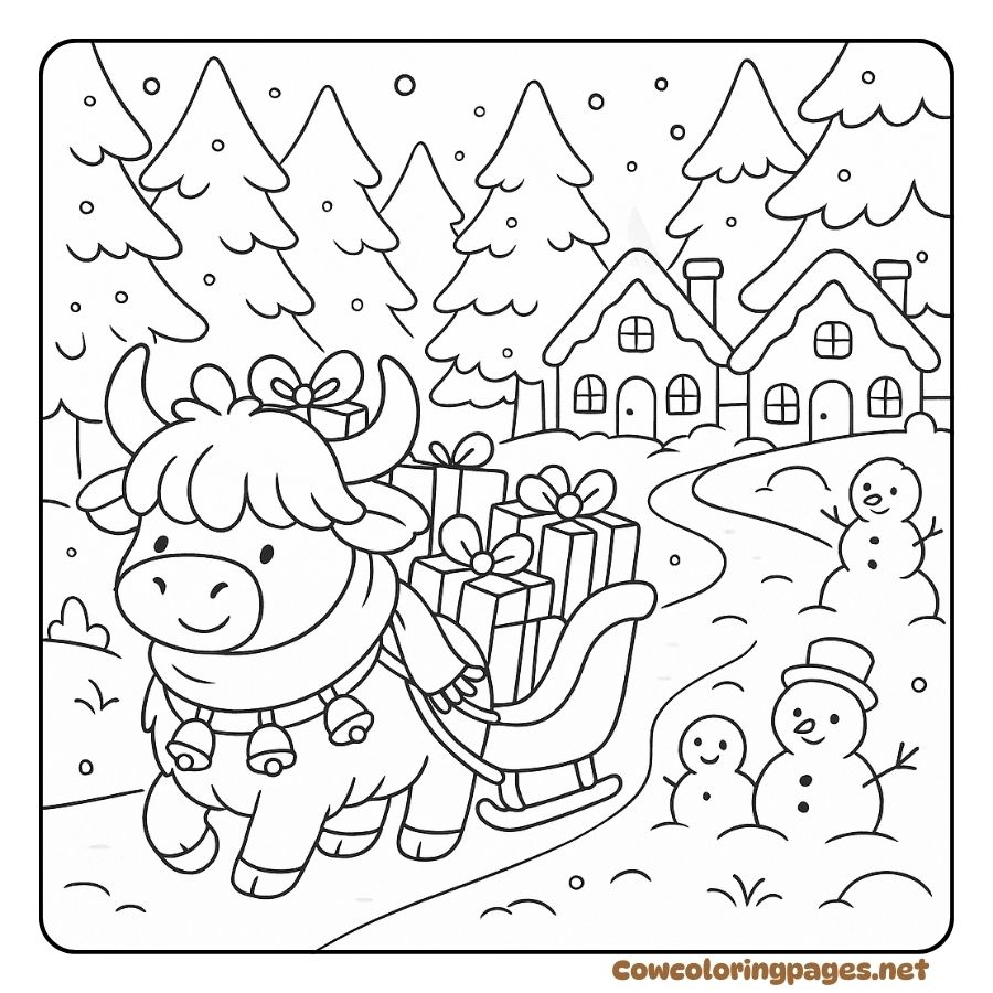 Coloring Page of a Cow Pulling a Christmas Cart in the Snow