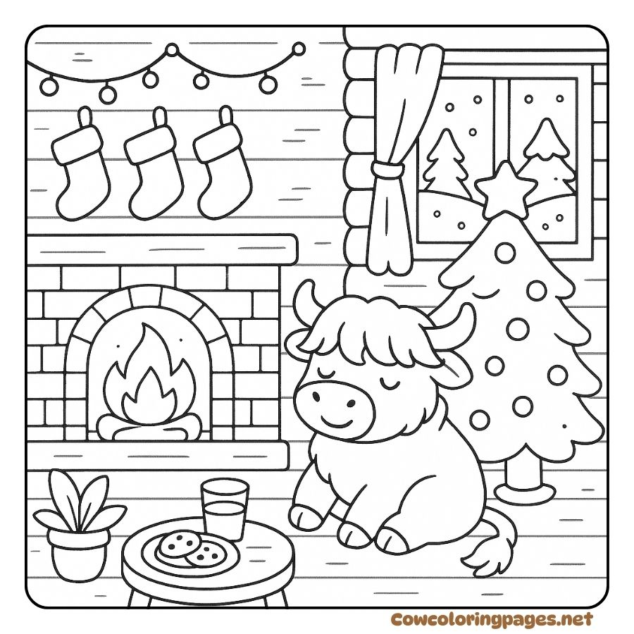 Coloring Page of a Cow Lying by the Fireplace on Holidays