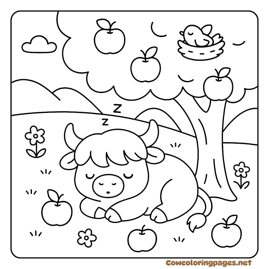 Cute Cow Sleeping Under Apple Tree Coloring Page
