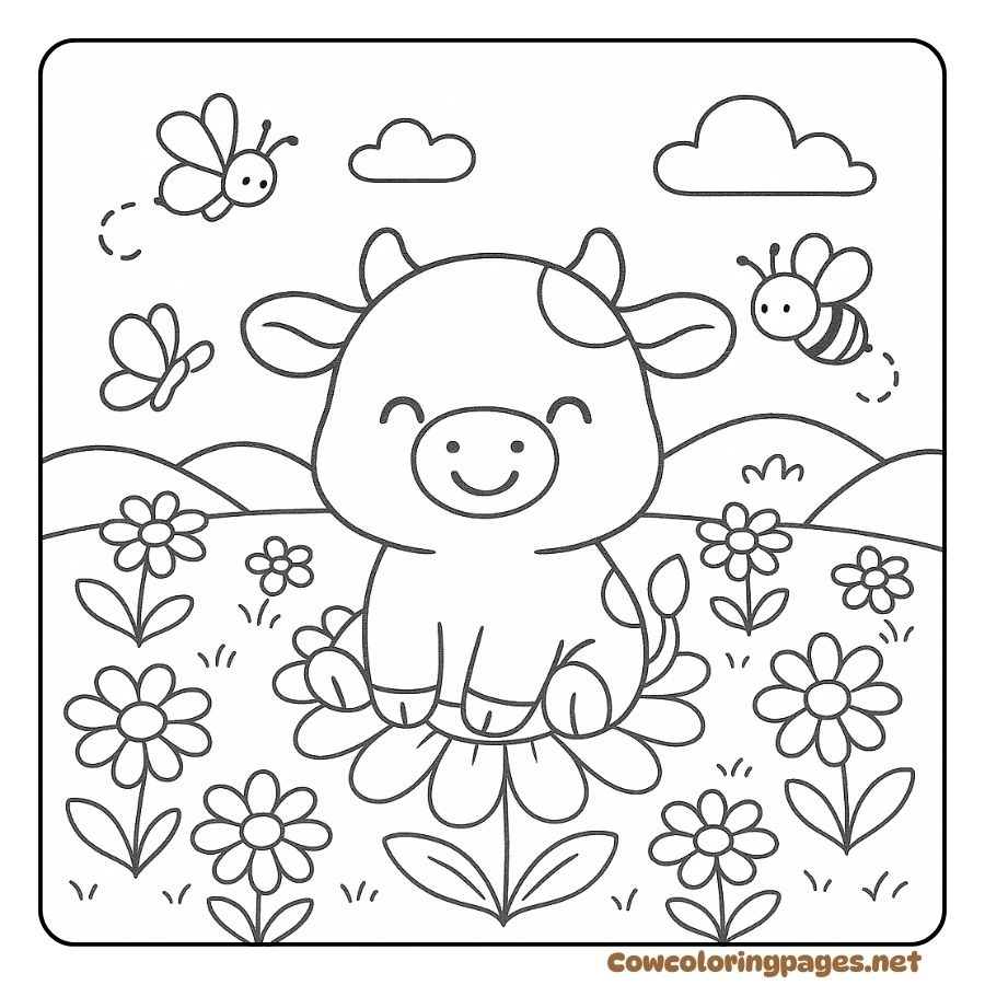 Happy Baby Cow Sitting in the Garden with Bees and Butterflies Coloring Page