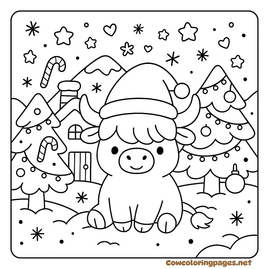 Coloring Page of a Cow Wearing a Christmas Hat in the Pine Trees
