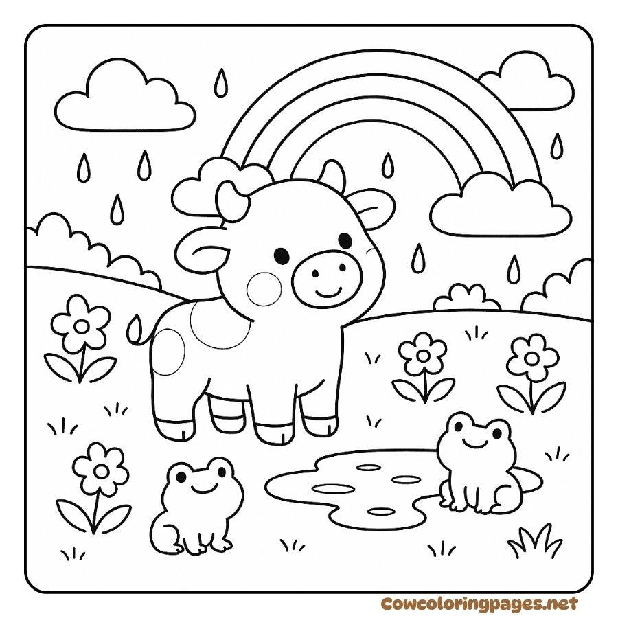 Coloring Page of Baby Cow and Rainbow After a Gentle Rain