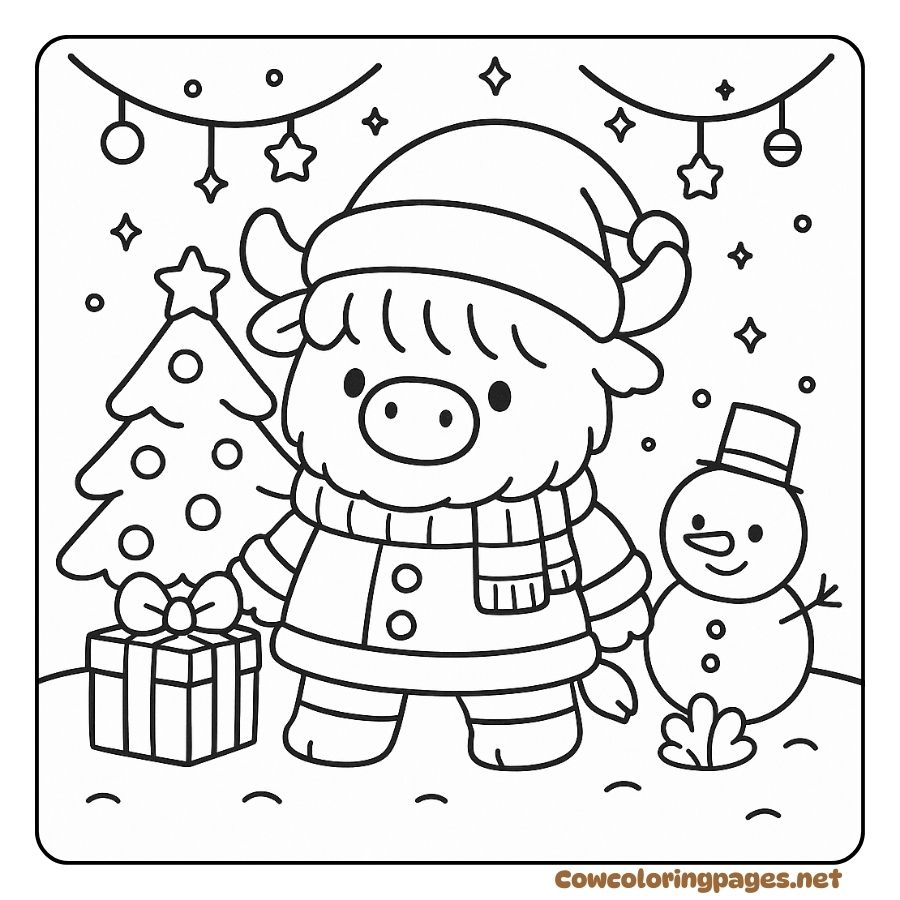 Coloring pictures of baby cows giving Christmas gifts