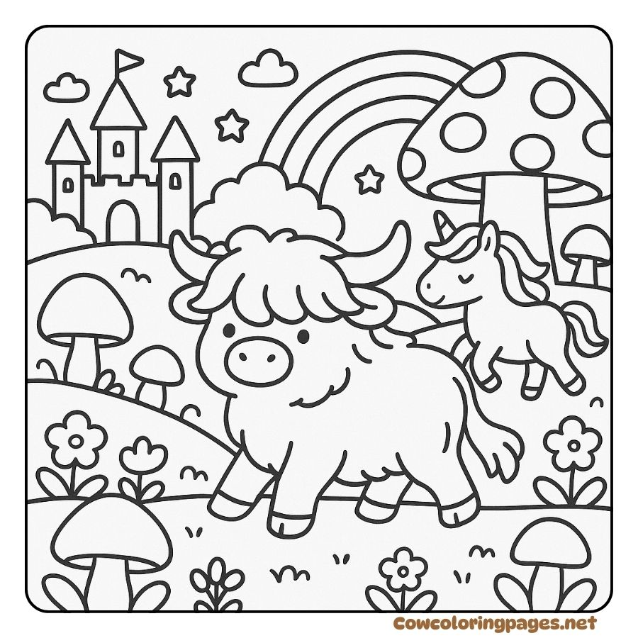 Coloring page of a cow and a unicorn in a fairy tale forest