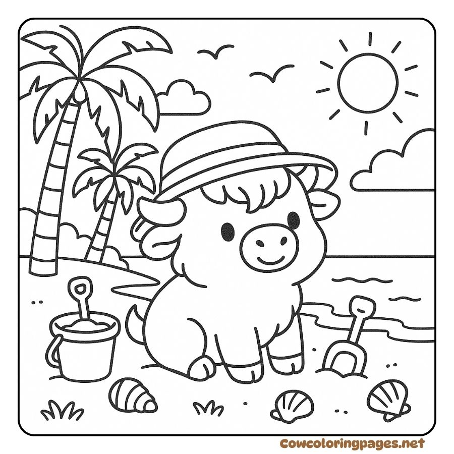 Coloring page of a baby cow wearing a hat exploring a sunny beach