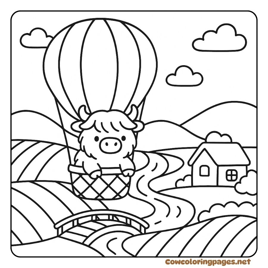 Coloring page of a baby cow flying with a hot air balloon