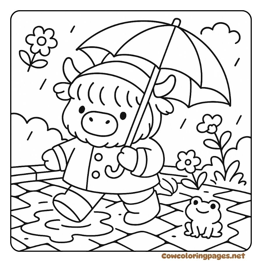 Coloring page of a baby cow with an umbrella in the rain