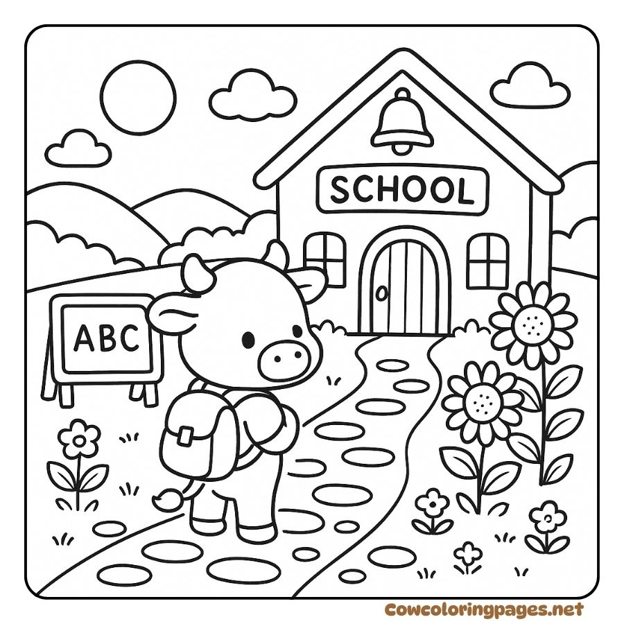 Coloring Page of Baby Cow with Backpack Walking to School