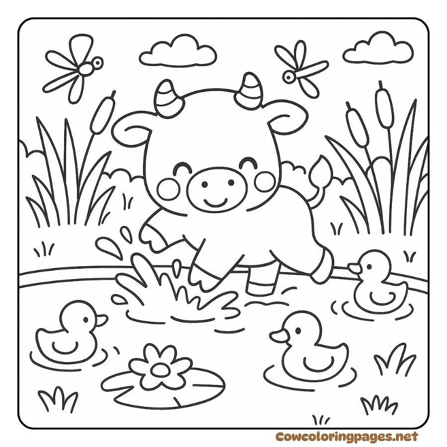 Coloring Page of Baby Cow Playing in the Pond with Ducks