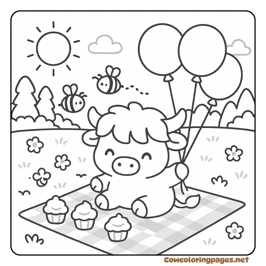 Baby cow picnicking with balloons and cakes in the sun
