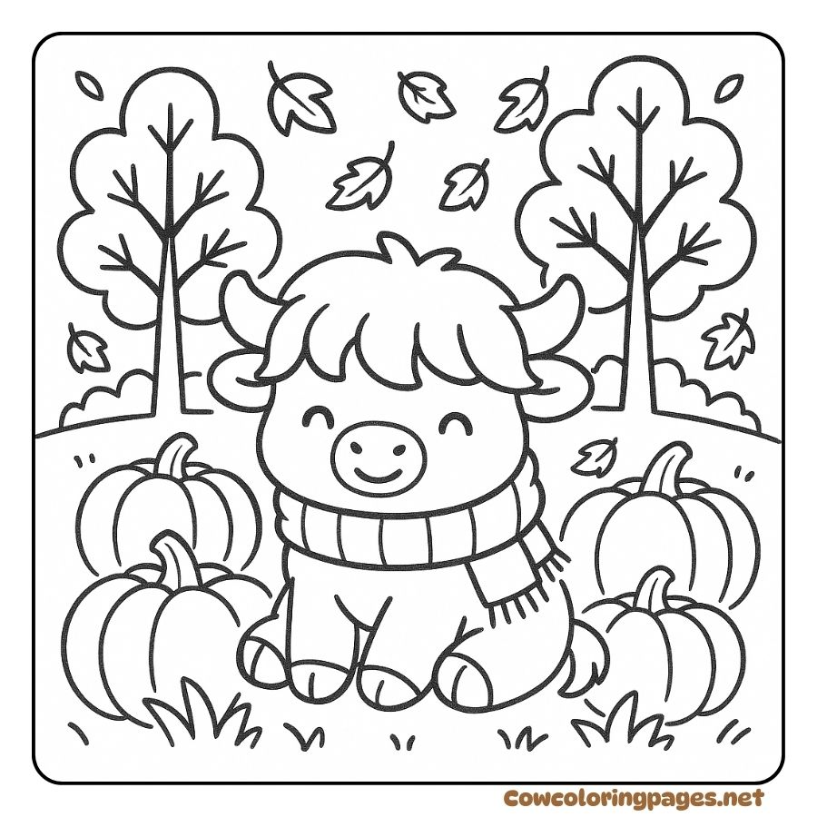 Coloring page of a baby cow sitting in a pumpkin garden