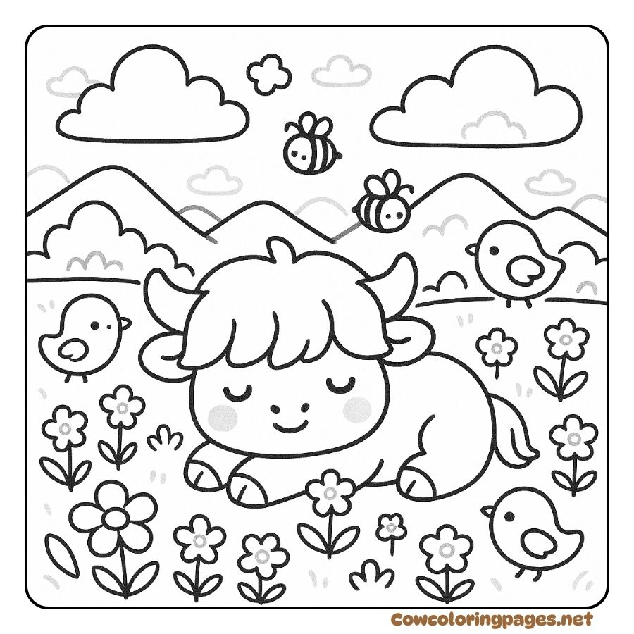 Coloring image of a cow relaxing in a beautiful flower garden