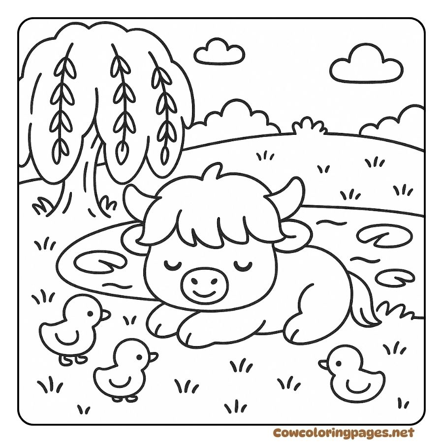 Coloring page of a baby cow resting by a blue pond