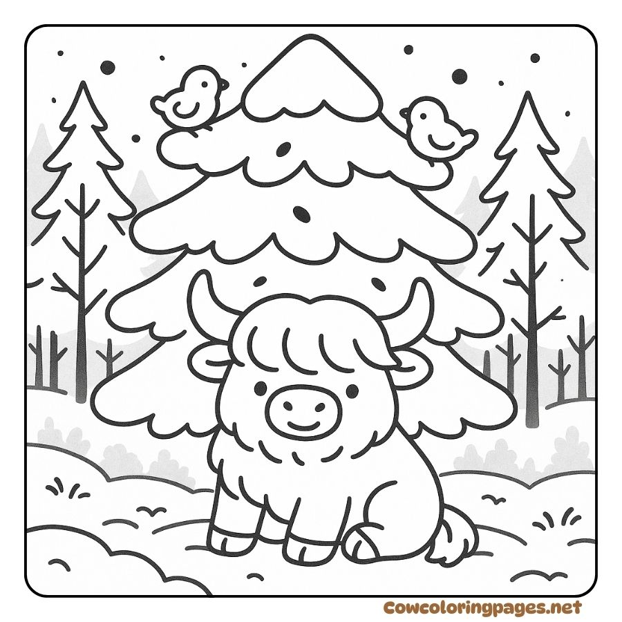 Baby Cow Coloring Pages Resting in a Snowy Forest