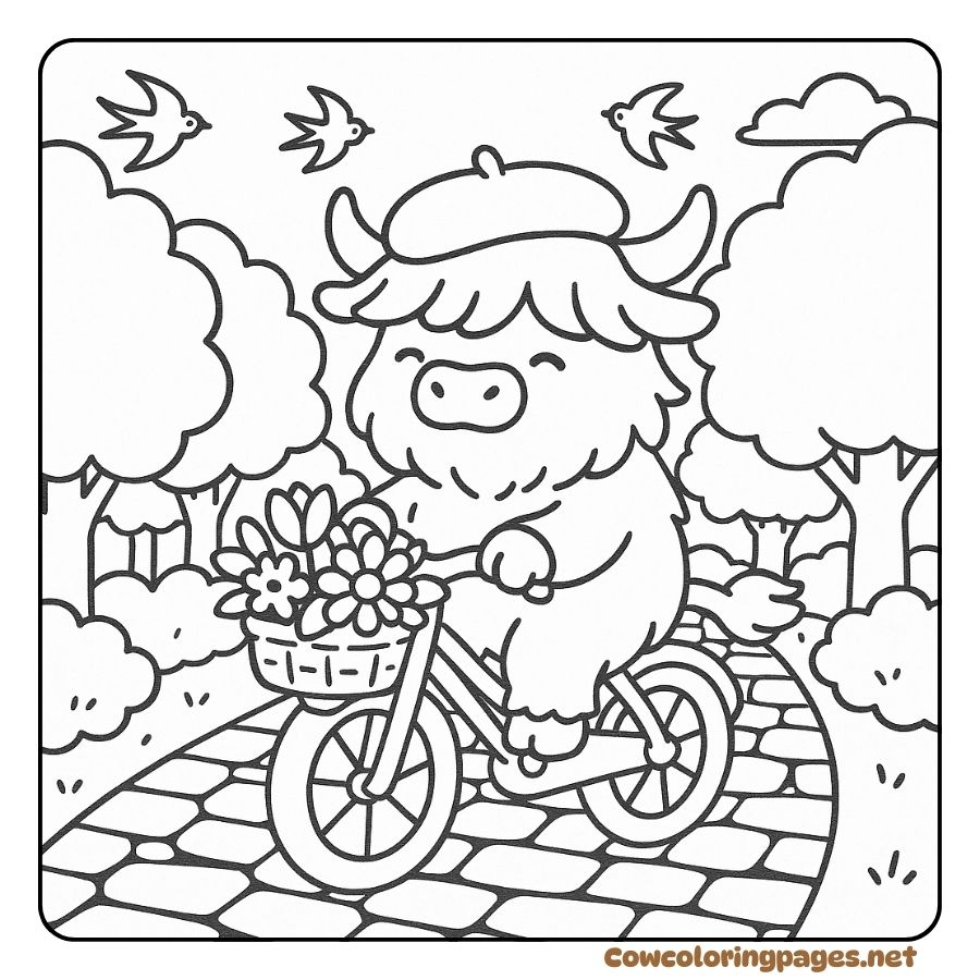 Coloring page of a baby cow riding a bicycle in the middle of a country road