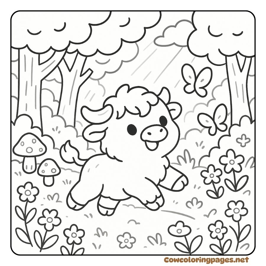 Coloring page of a baby cow running in a butterfly and flower forest