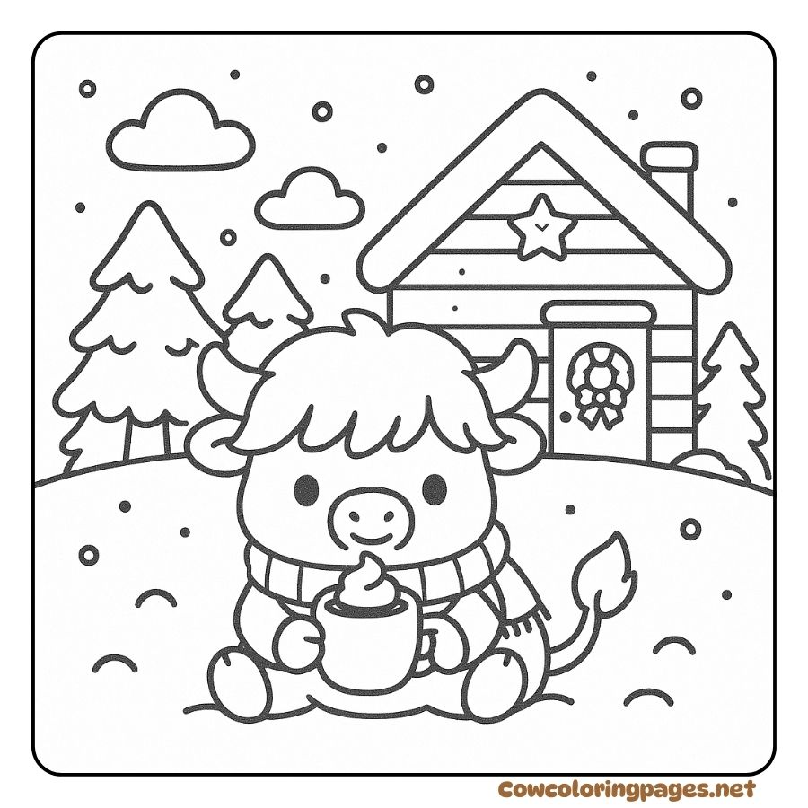 Coloring page of a cow in front of a wooden house in winter