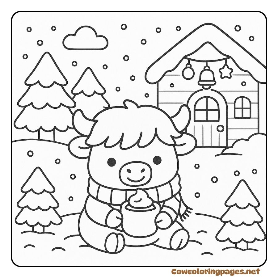 Coloring image of a baby cow sitting in the middle of a snowy forest