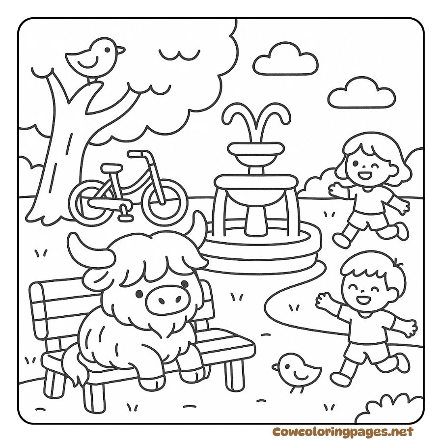 Coloring page of a baby cow sitting on a bench in the park