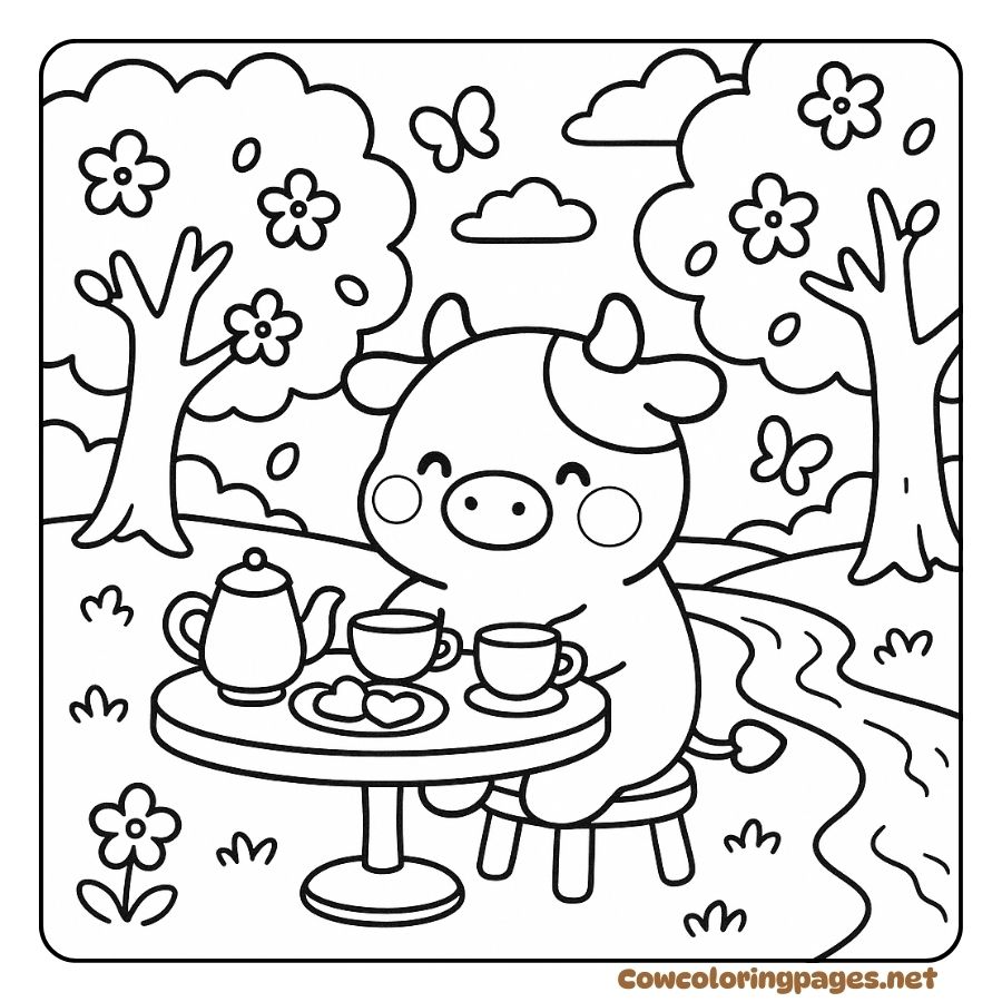 Coloring Page of Baby Cow Relaxing with Tea in the Spring Garden