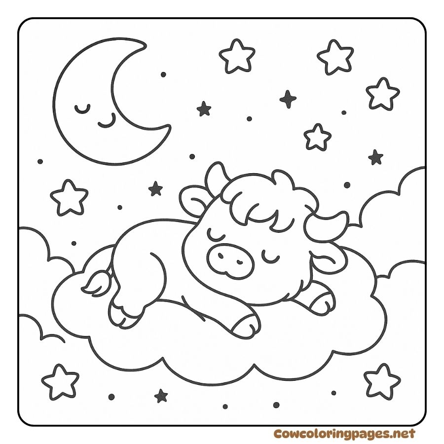Coloring page of a baby cow dreaming on a starry sky