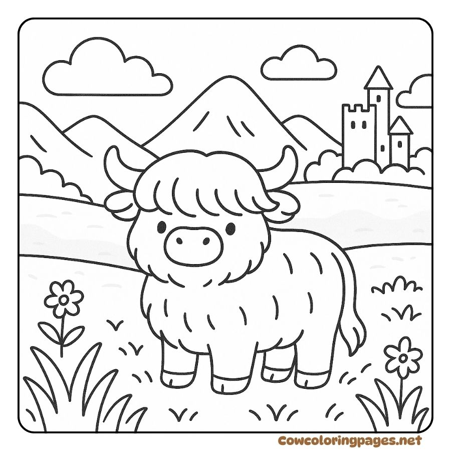 Coloring page of a baby cow standing in front of a mountain and a castle