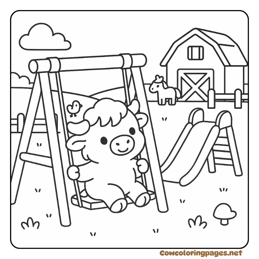 Coloring page of a cow playing on a swing by the skating rink
