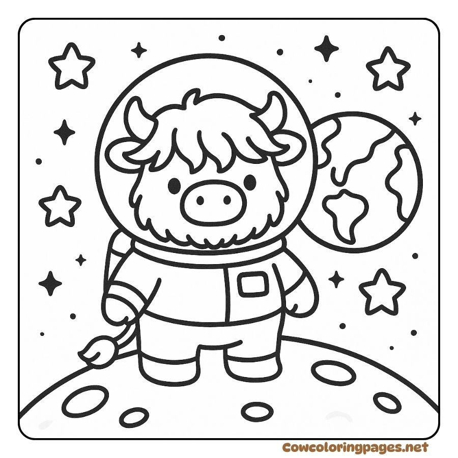 Coloring page of an astronaut baby cow on the moon
