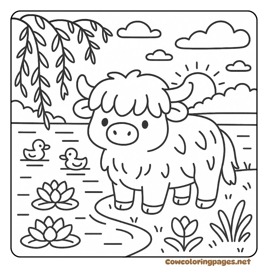 Baby Cow Coloring Pages Standing by a Sunset Lake