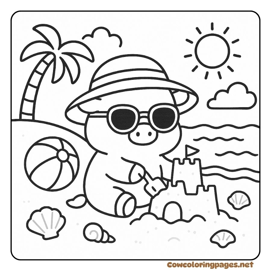 Coloring page of a baby cow building a sand castle in the sunshine