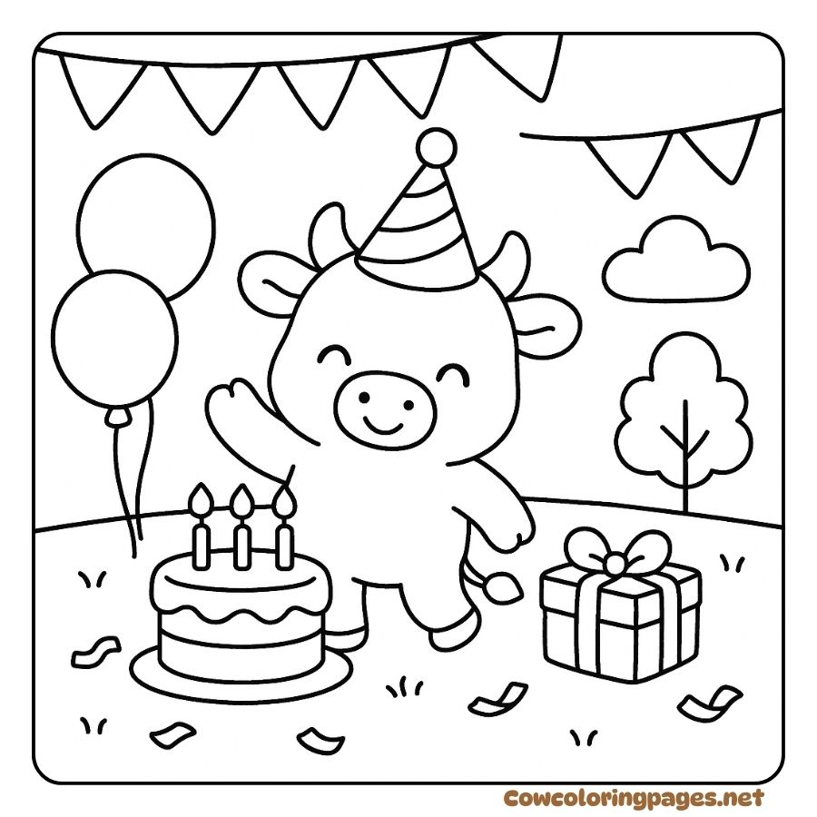 Coloring page of a baby cow celebrating a happy birthday