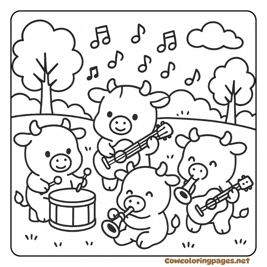 Coloring page of a baby cow playing a musical instrument in the park