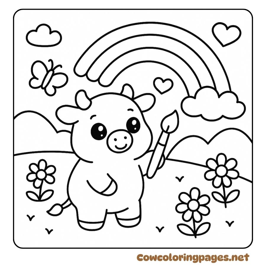 Coloring pages of cows drawing pictures under the rainbow