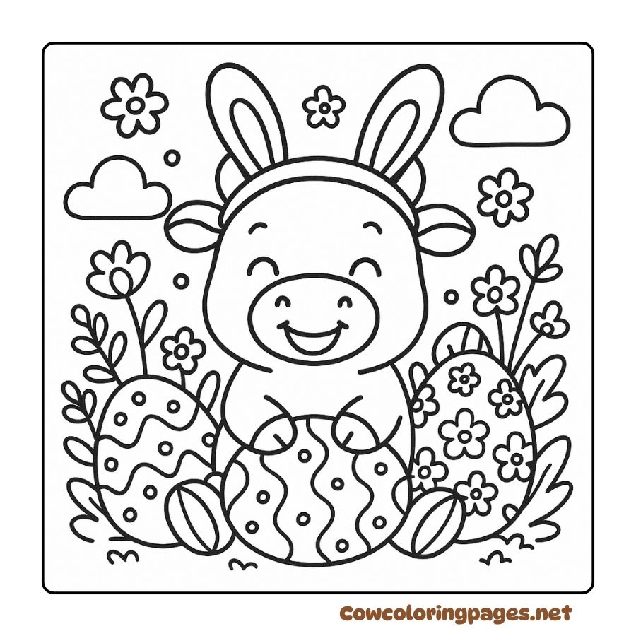 Coloring Page of a Cow Wearing Rabbit Ears Playing with Eggs in a Flower Garden