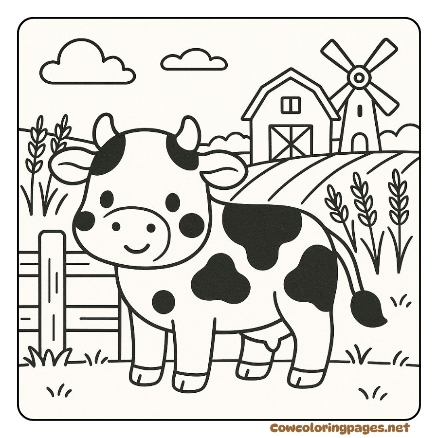 Cow Standing in the Field Next to a Windmill Coloring Page