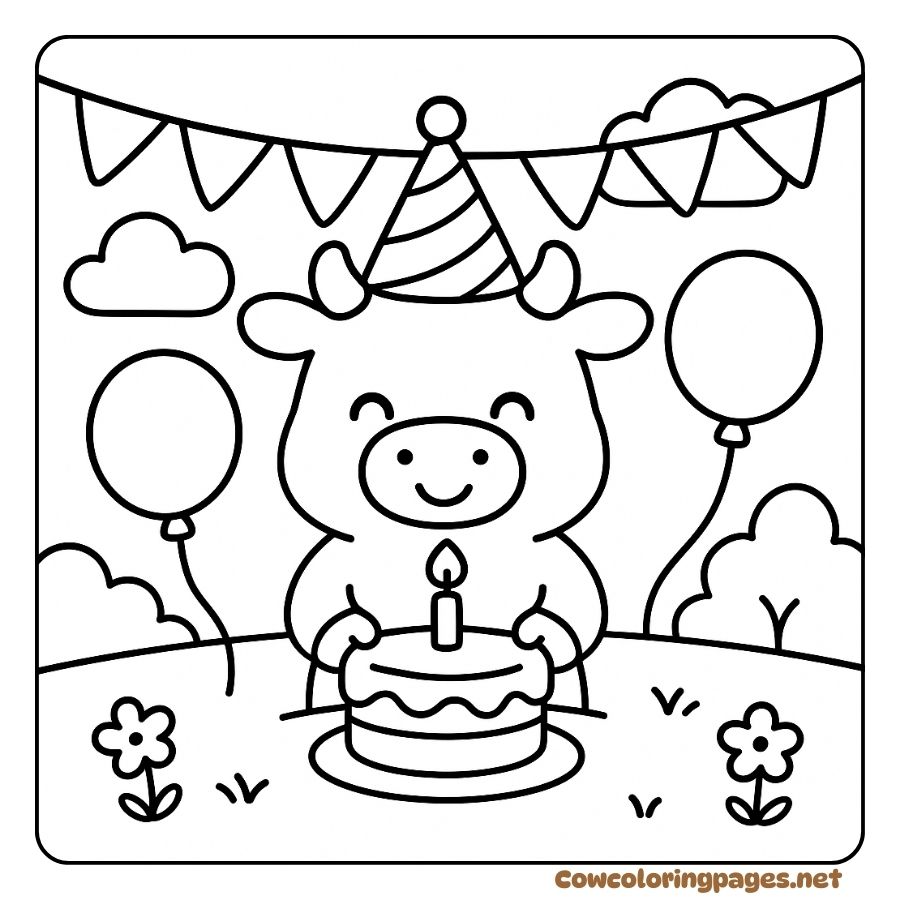 Coloring page of a birthday hat sitting next to a small cake
