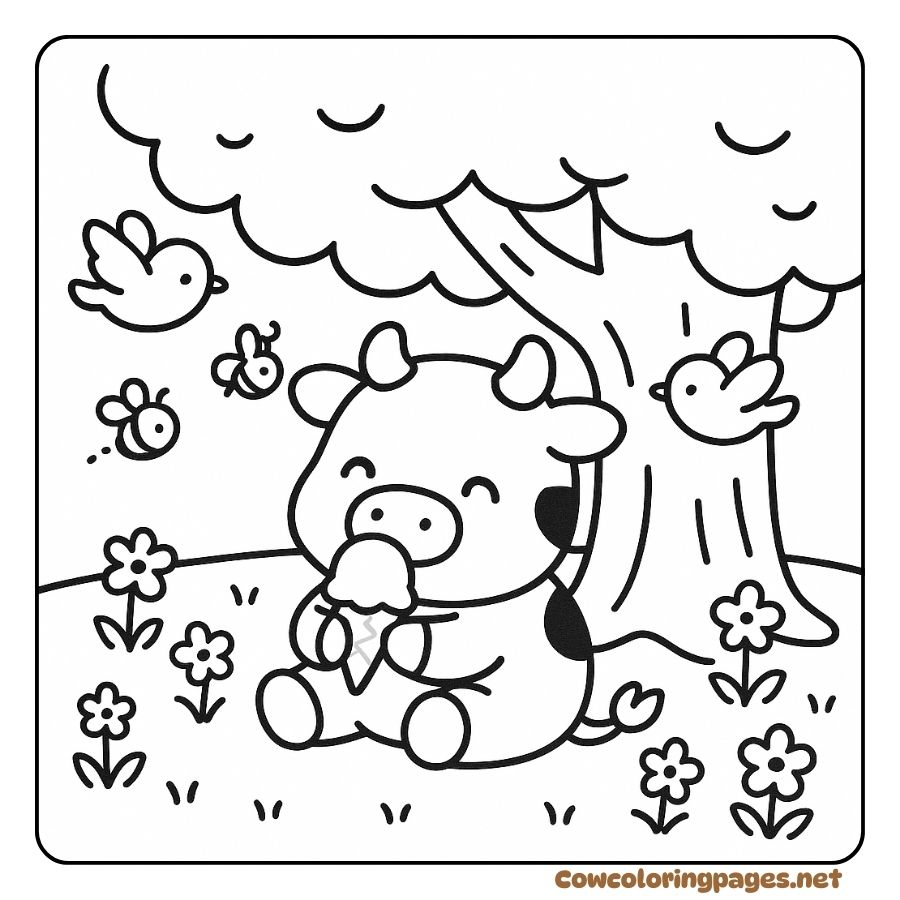 Coloring picture of a baby cow sitting and eating ice cream under a tree